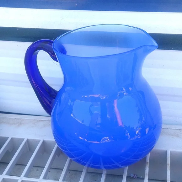 Stunning Hand Blown 36 oz. Cobalt Handled Baby Blue Glass Pitcher - Picture 2 of 4